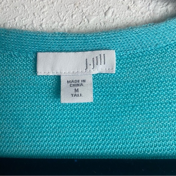 J Jill Size Medium Tall Open Front Cardigan Teal Blue Linen Blend Costal Beach - Picture 3 of 5